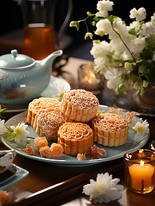 清雅的广式蛋黄月饼背景图片