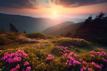 夕阳下山野花田图片