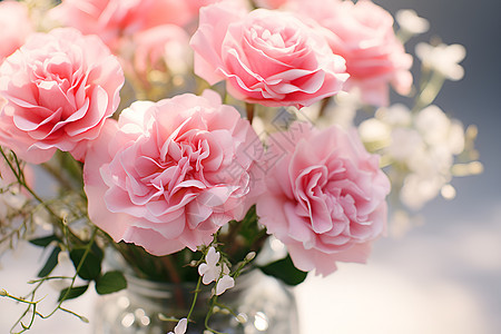粉色花束在桌子上的一只花瓶里图片