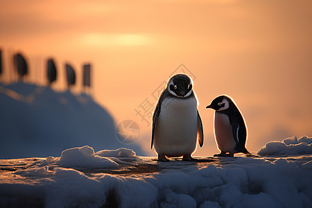 企鹅在冬日雪地上背景图片