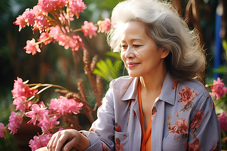 花园中微笑的老年女人高清图片