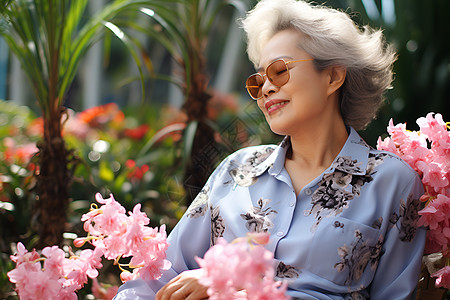 静享花海的老年女人高清图片