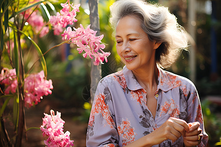 花前微笑的老年女人高清图片