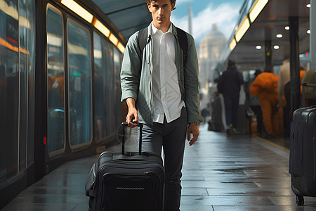手提行李箱出行的男子背景图片
