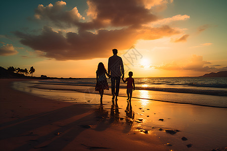 海滩散步陪伴儿童成长的父亲背景