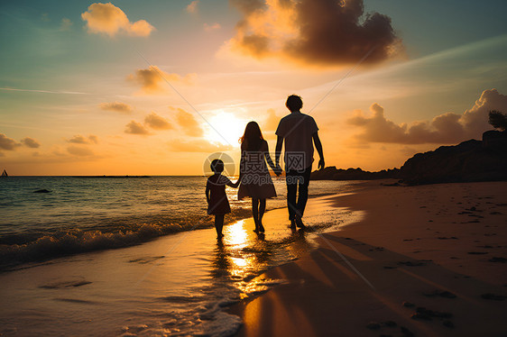夕阳下的海滩家庭漫步图片