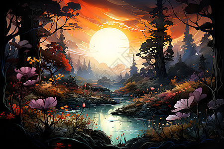 湖光山色夕阳余晖的艺术插图图片