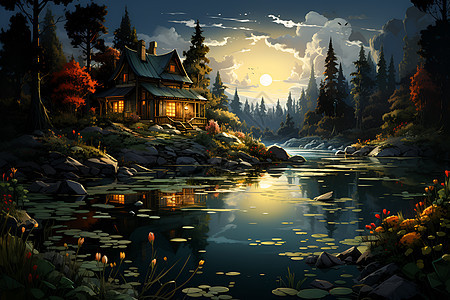 夜幕下的湖畔小屋图片
