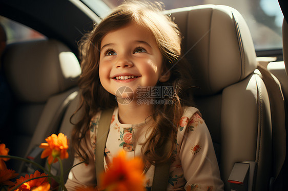 车座上的女孩和鲜花图片