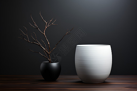 木桌上的盆栽和杯子背景图片