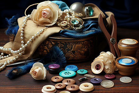 桌子上的纽扣和装饰品图片