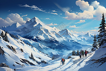 山脉上的滑雪者图片