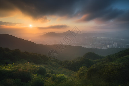 城市和山脉相映成辉的日出景色图片