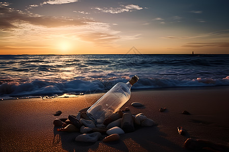 日出海滩上的漂流瓶图片