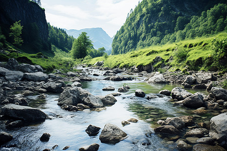 青葱翠绿的山谷河流景观图片
