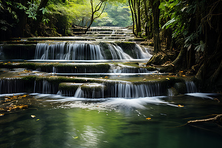 青葱翠绿的丛林瀑布景观图片