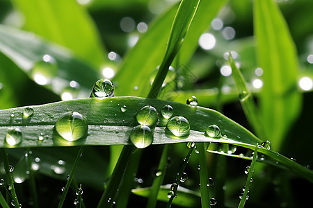 清新绿叶上的水滴背景图片