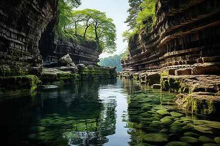 户外石洞中的湖泊背景图片