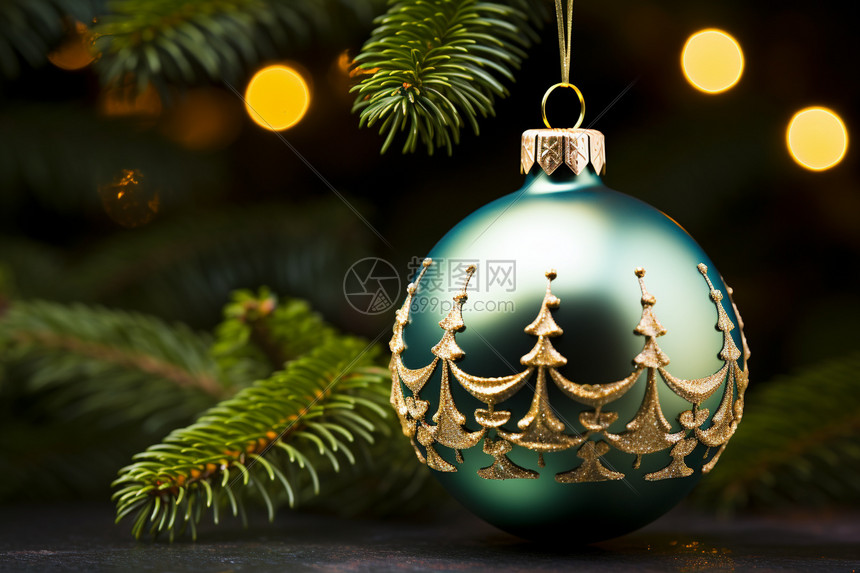 圣诞树上悬挂的绿色装饰品图片