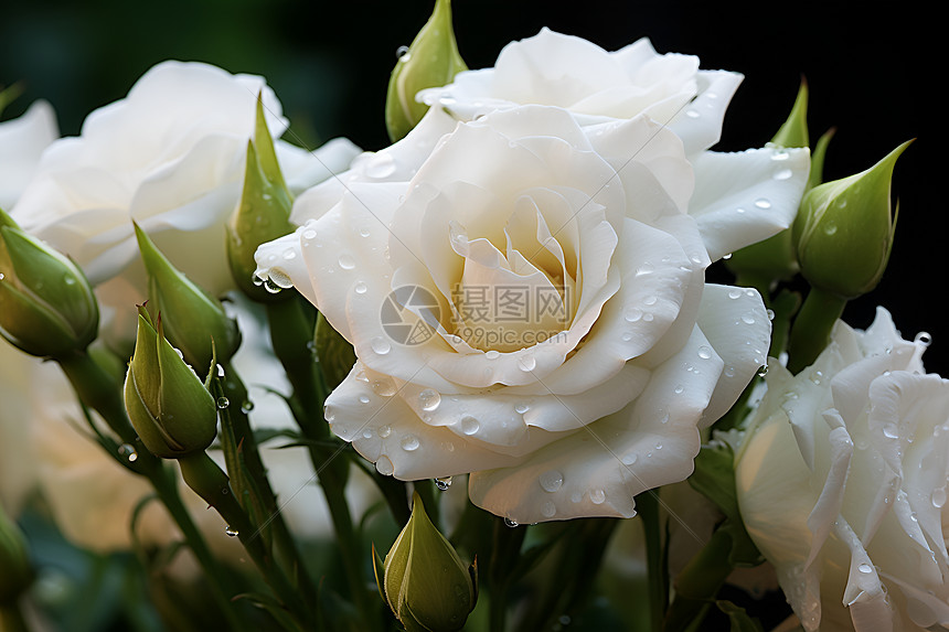 潮湿的白玫瑰花图片