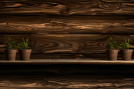三盆植物摆放在木质墙面前图片