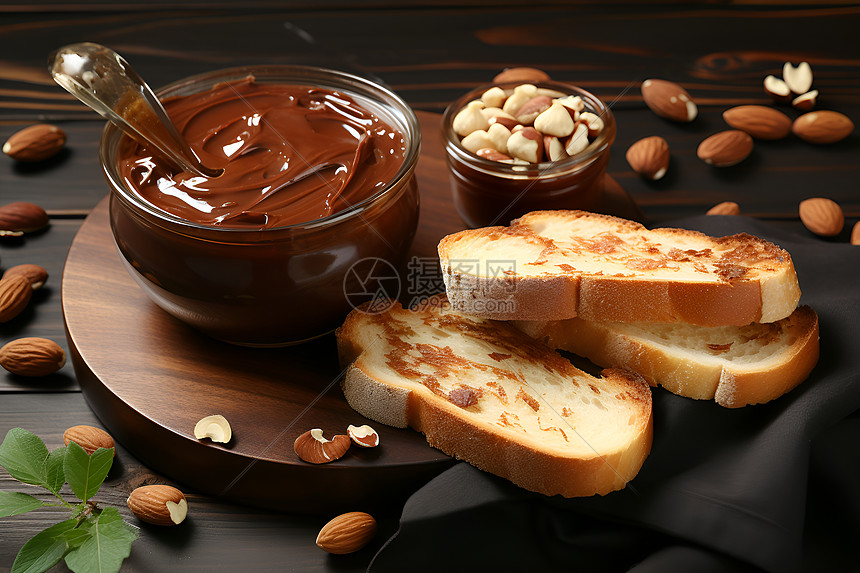 餐桌上摆着一盘面包和巧克力酱图片
