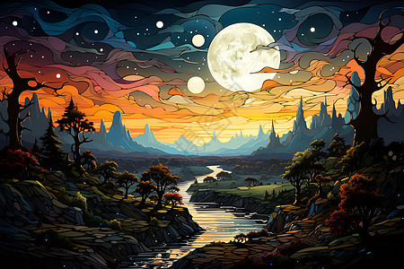 月夜河畔背景图片