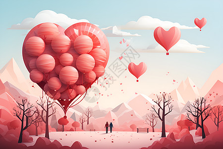 爱的永恒符号夫妇站在山脉背景下天空中飘着一个心形气球图片