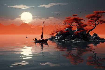 橘色小船在水中图片