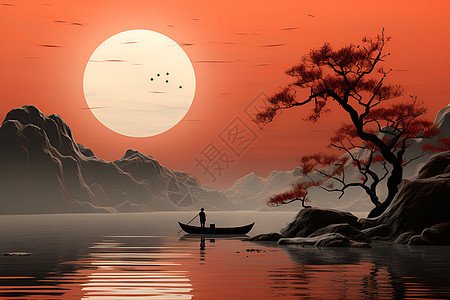 夕阳下的红船图片