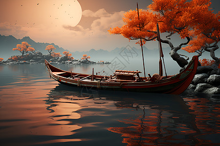 湖畔橙色小船设计图片