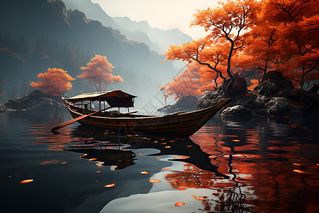 小船漂浮在湖上图片