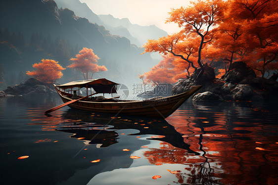 小船漂浮在湖上图片