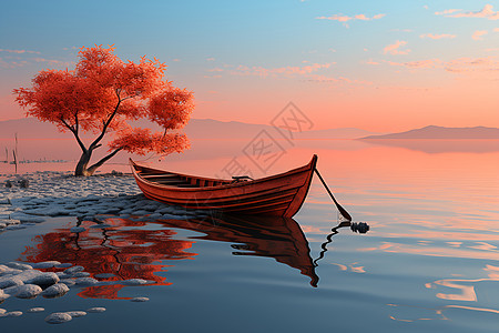 湖面一只橙色船图片