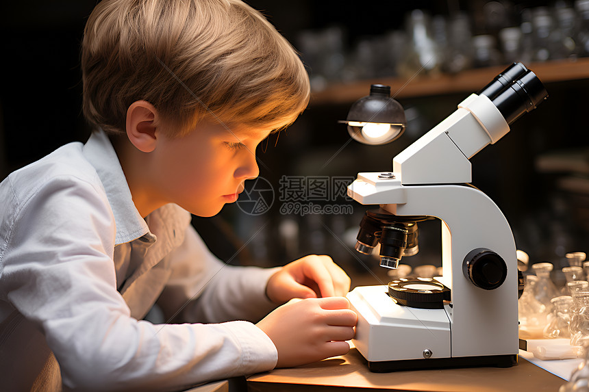 男孩透过显微镜观察着图片