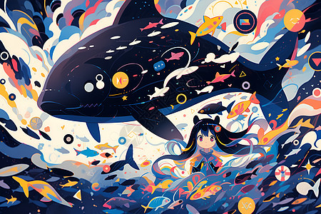 缤纷海洋中的鲸鱼背景图片