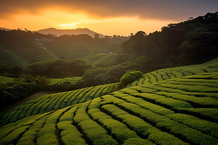 夕阳下的茶园风景背景图片