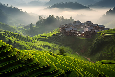 云雾缭绕的绿色山村图片