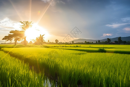 谷雨时节田间田间的夕阳背景