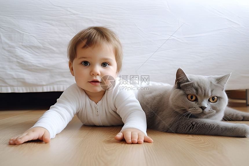 地板上温馨的猫咪和婴儿图片