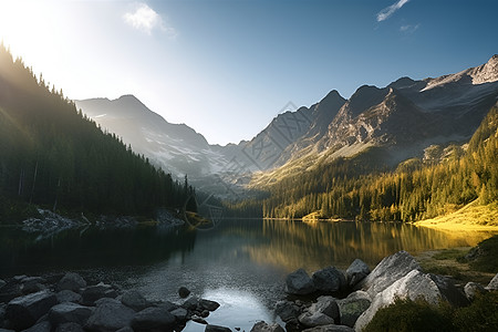 山里的湖泊河流背景图片