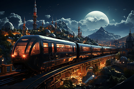 夜晚城市中行驶的列车图片