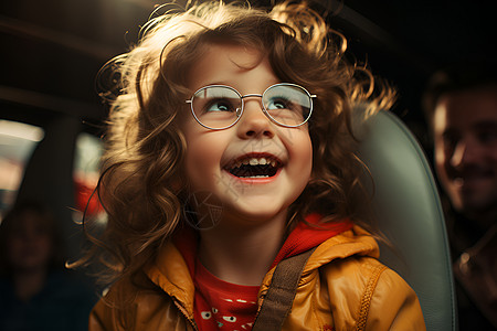 戴眼镜的女孩坐在汽车里背景图片