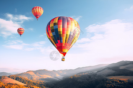 翱翔山巅的热气球群图片