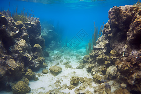 深海中的珊瑚群和鱼群高清图片
