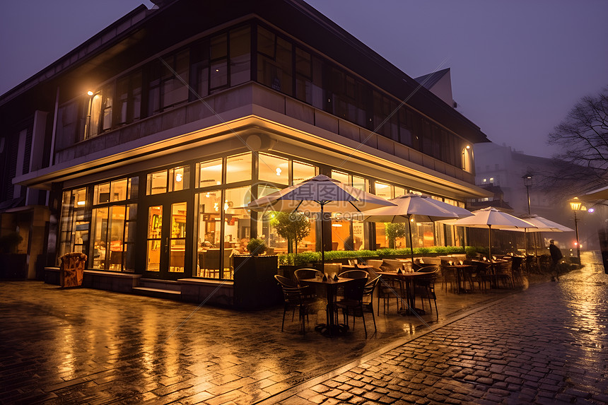 灯火通明的现代餐厅建筑图片