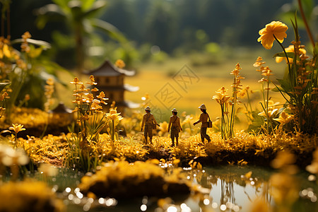 金黄的稻田中的微距人物图片