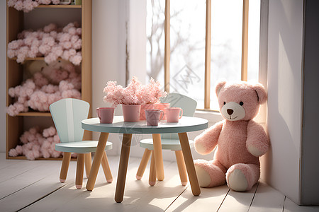 粉色手绘熊温馨的玩具熊家居背景