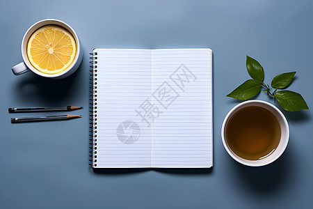 笔记本旁有一杯茶图片