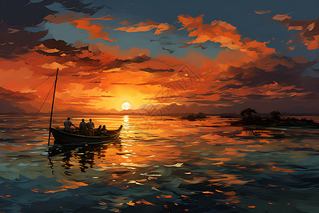 日出的渔船图片
